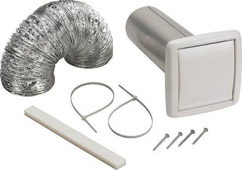 Broan-Nutone WVK2A Wall Ducting Kit — 5' of 4" diameter flexible foil duct, white wall cap for 4" round duct, 3" to 4" duct adapter, 2 nylon zip ties and mounting screws.